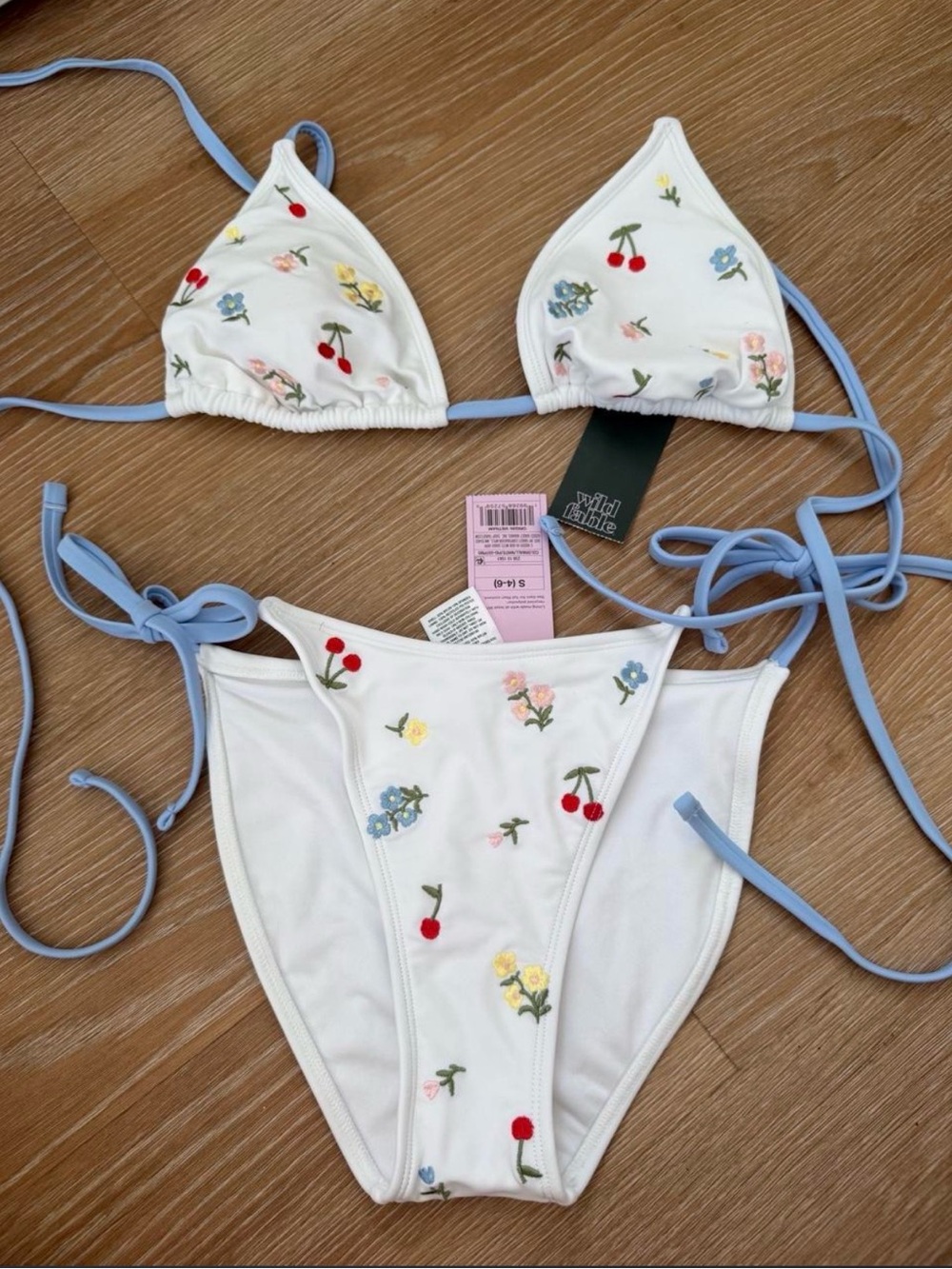 Target White Floral & Cherry Embroidered Triangle Bikini with Light Blue Ties